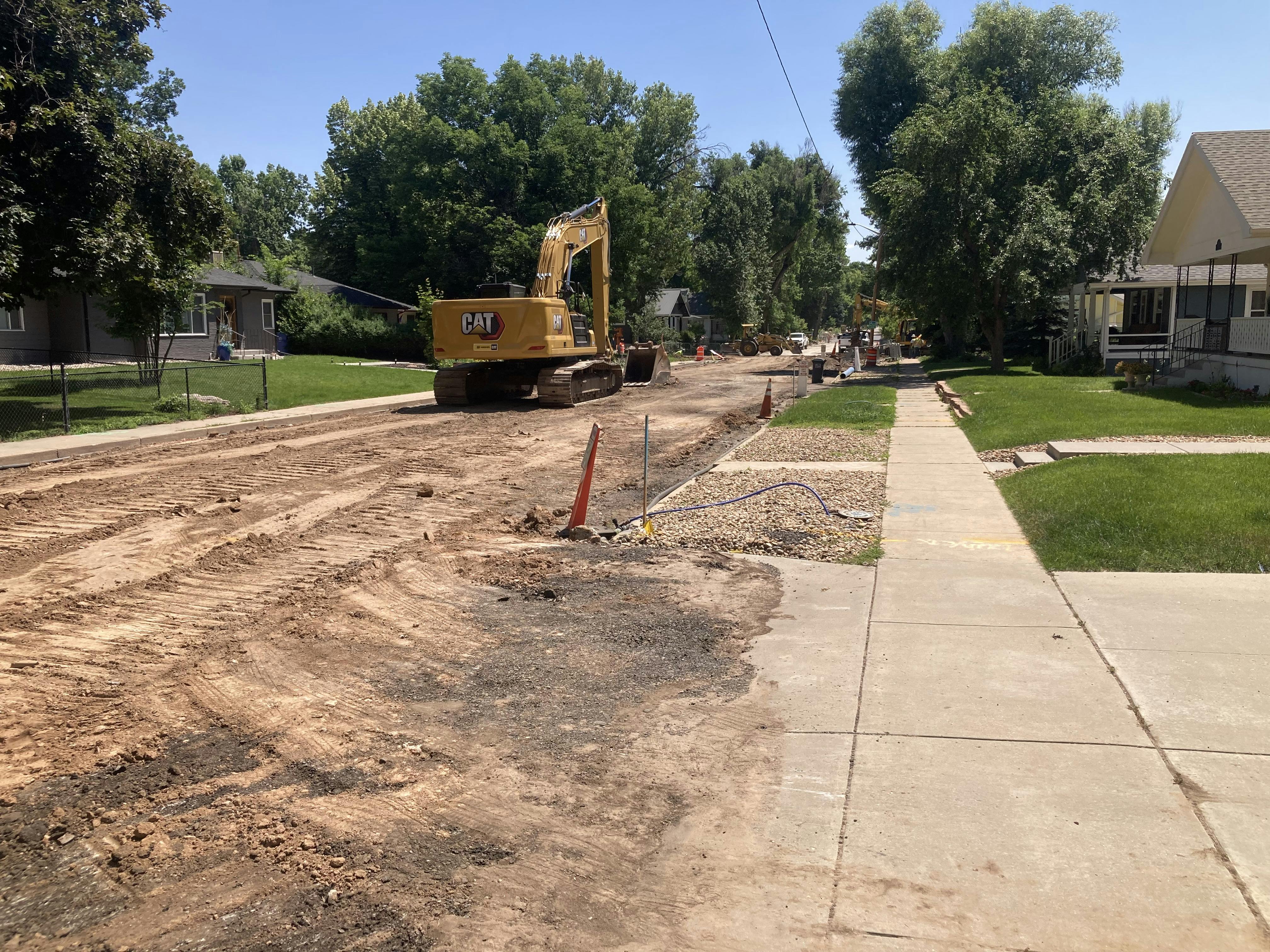 Road construction activities at W. 4th Street, looking east towards N. Colorado Avenue.