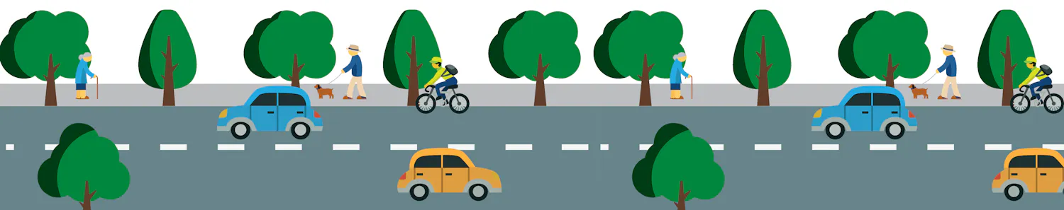 Tree lined street with cars, pedestrians and bicyclists.