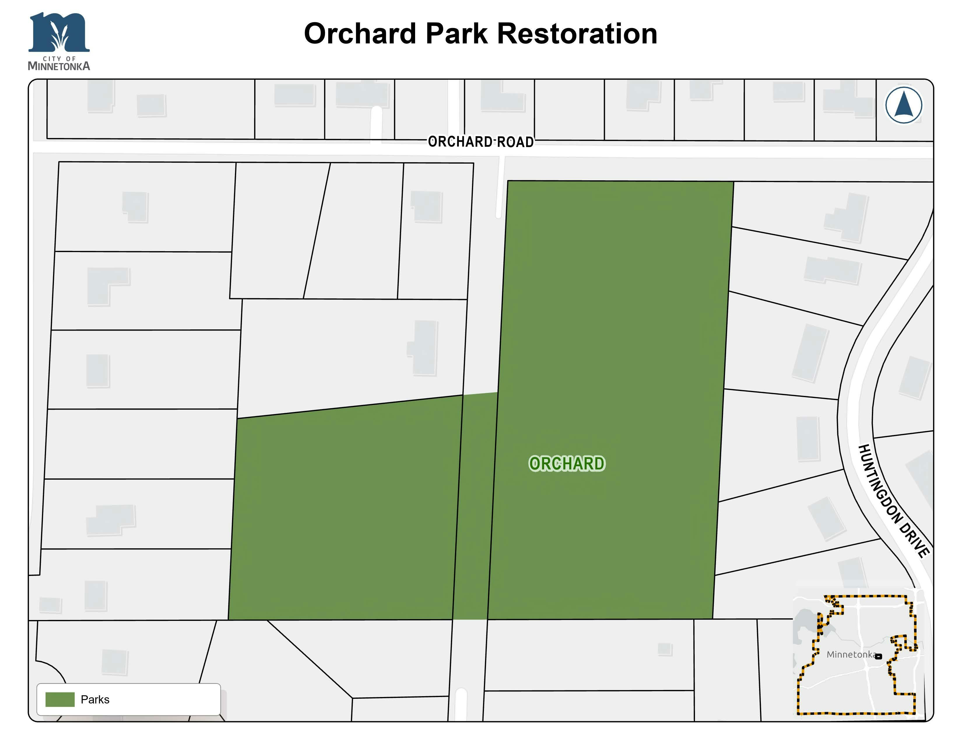A map showing Orchard Park highlighted in green, bordered by Orchard Road and Huntingdon Drive. Residential blocks surround the park. An inset map shows its location in Minnetonka.