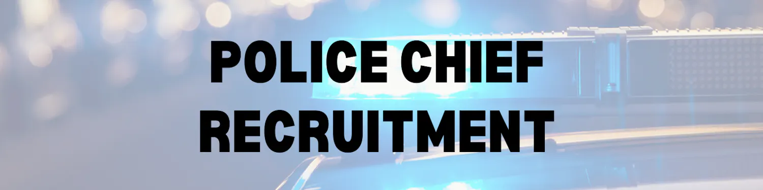 Edgewater Police Chief Recruitment text with faded blue police siren