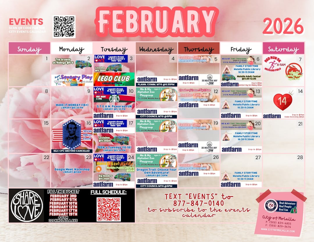 text "EVENTS" to 877-847-0140 to subscribe to the City of Molalla's monthly events calendar!