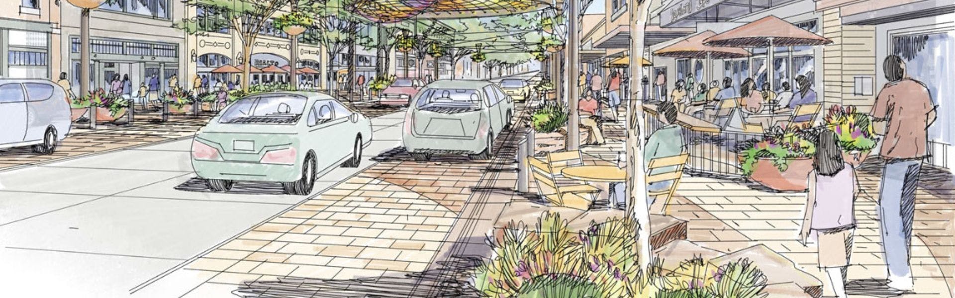 An artist rendering of a street. There is a brick walkway with outdoor seating.