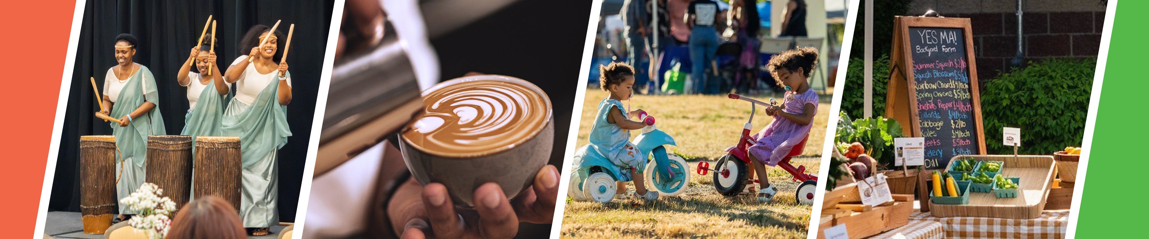 Community event with live entertainment, coffee pouring, kids playing at a park and farmer's market stand.