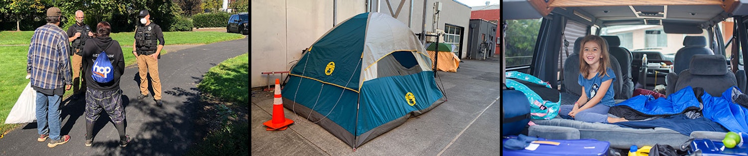 Carpas en propiedad pública, los polícias del equipo de intervención de crisis charlan con miembros de la comunidad