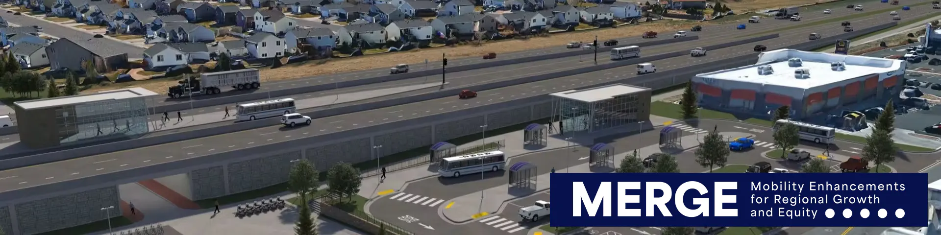 Proposed Centerplace mobility hub, showing buses, additional parking, and a pedestrian underpass under U.S. 34