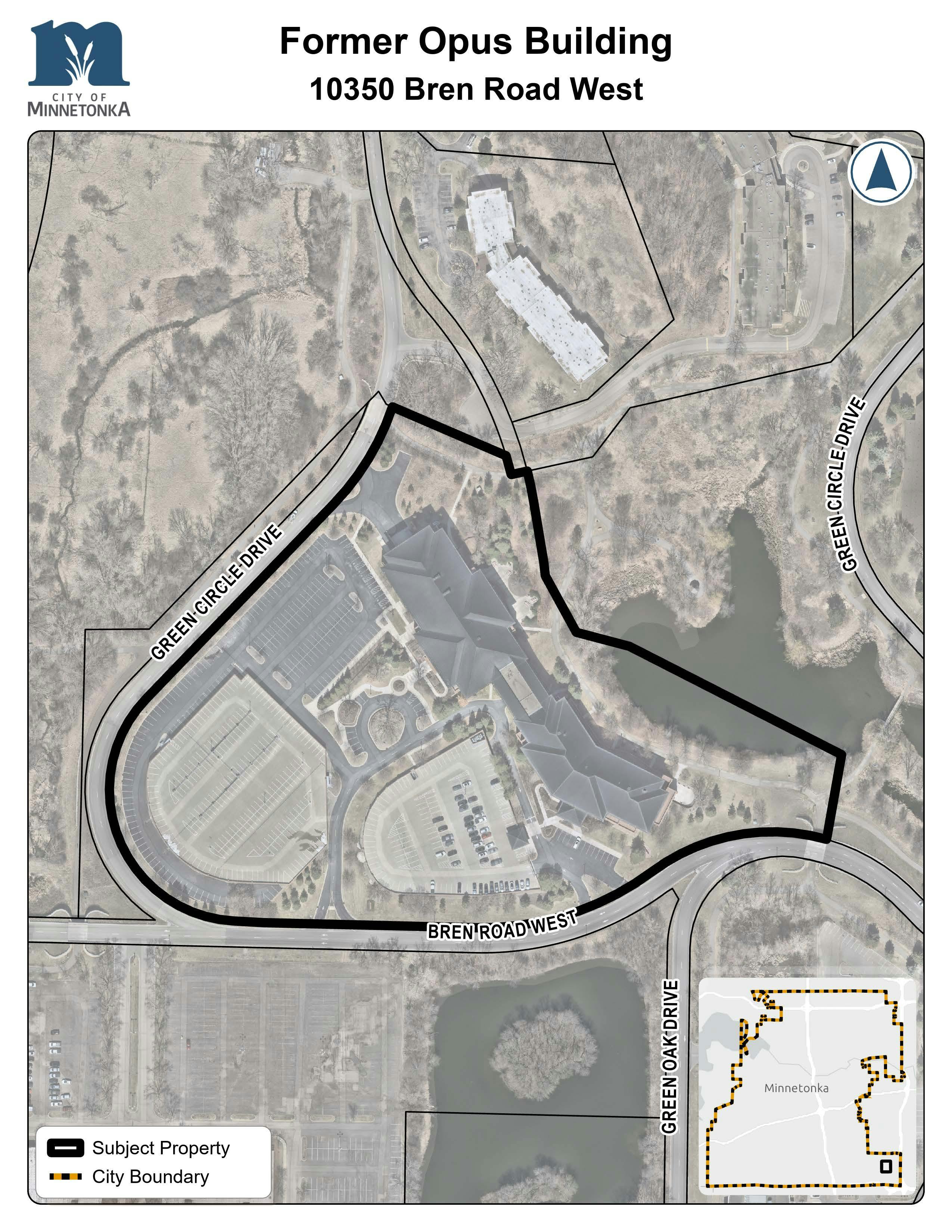 Map showing the subject property outlined in black at 10350 Bren Road West in Minnetonka, located along Bren Road West and Green Circle Drive