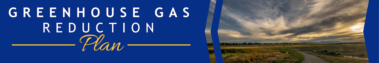 Greenhouse Gas Reduction Plan header featuring Trail through Open Space at Sunset over the mountains in the background