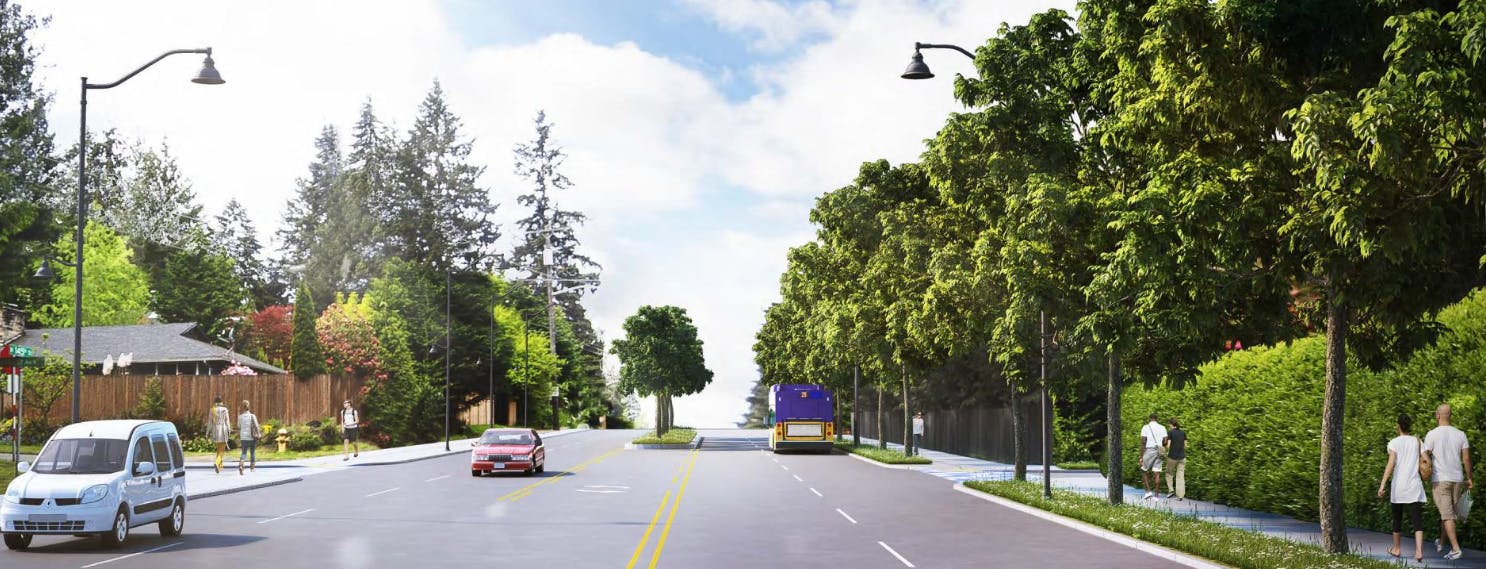 Concept of 145th shows full sidewalks two lanes in each direction, a protected left turn lane, and trees in the median.