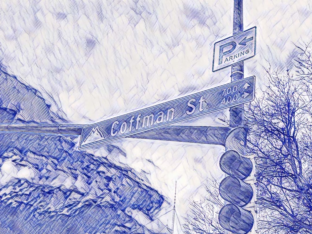 A sketch of a Coffman Street road sign with a Parking sign hanging above it