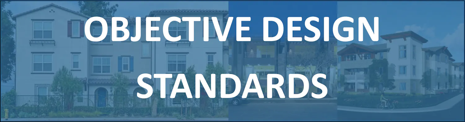 Wooden frame of roof of house in front of blue skies with Objective Design Standards written across the frame.