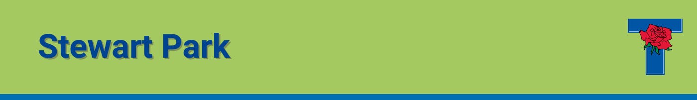 Green banner with a thin blue line at the bottom. The words read "Stewart Park" with the City of Tyler logo on the right side