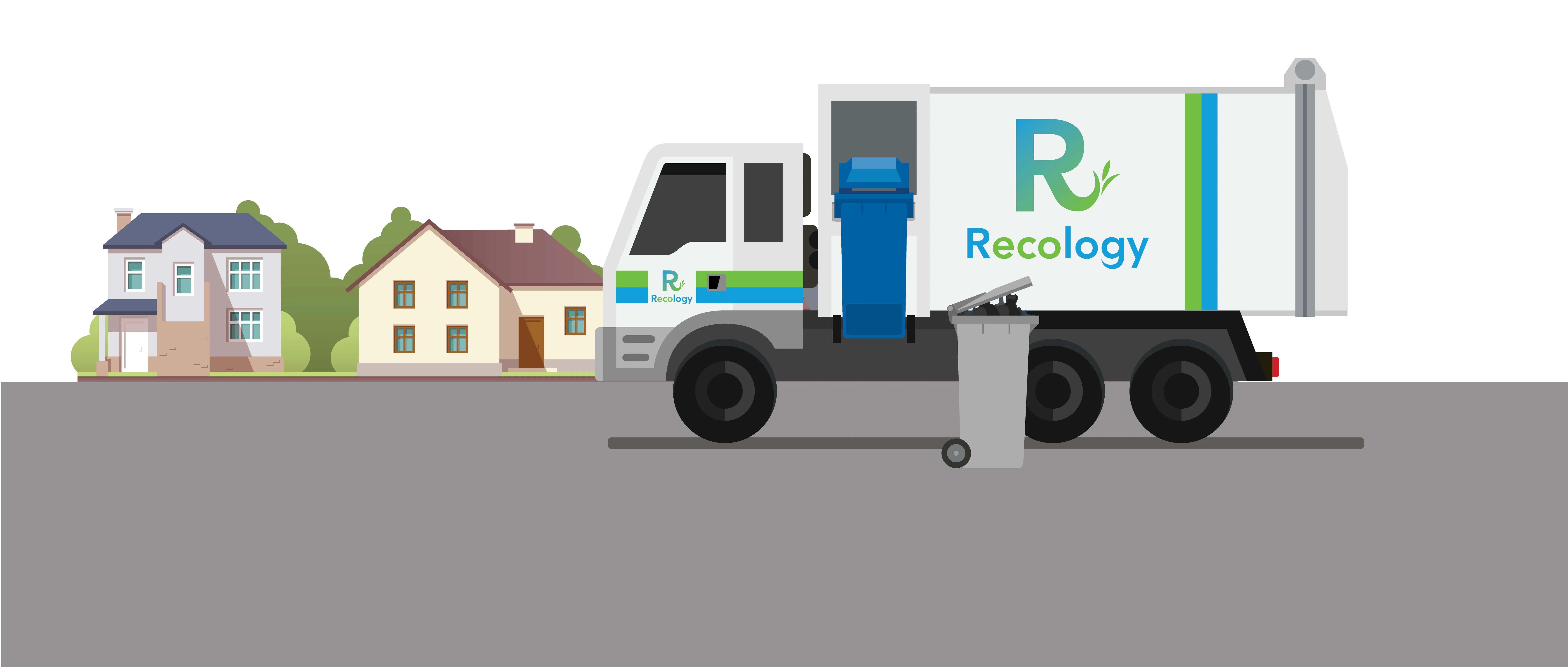Animated graphic of hours and Recology truck collecting recycling 