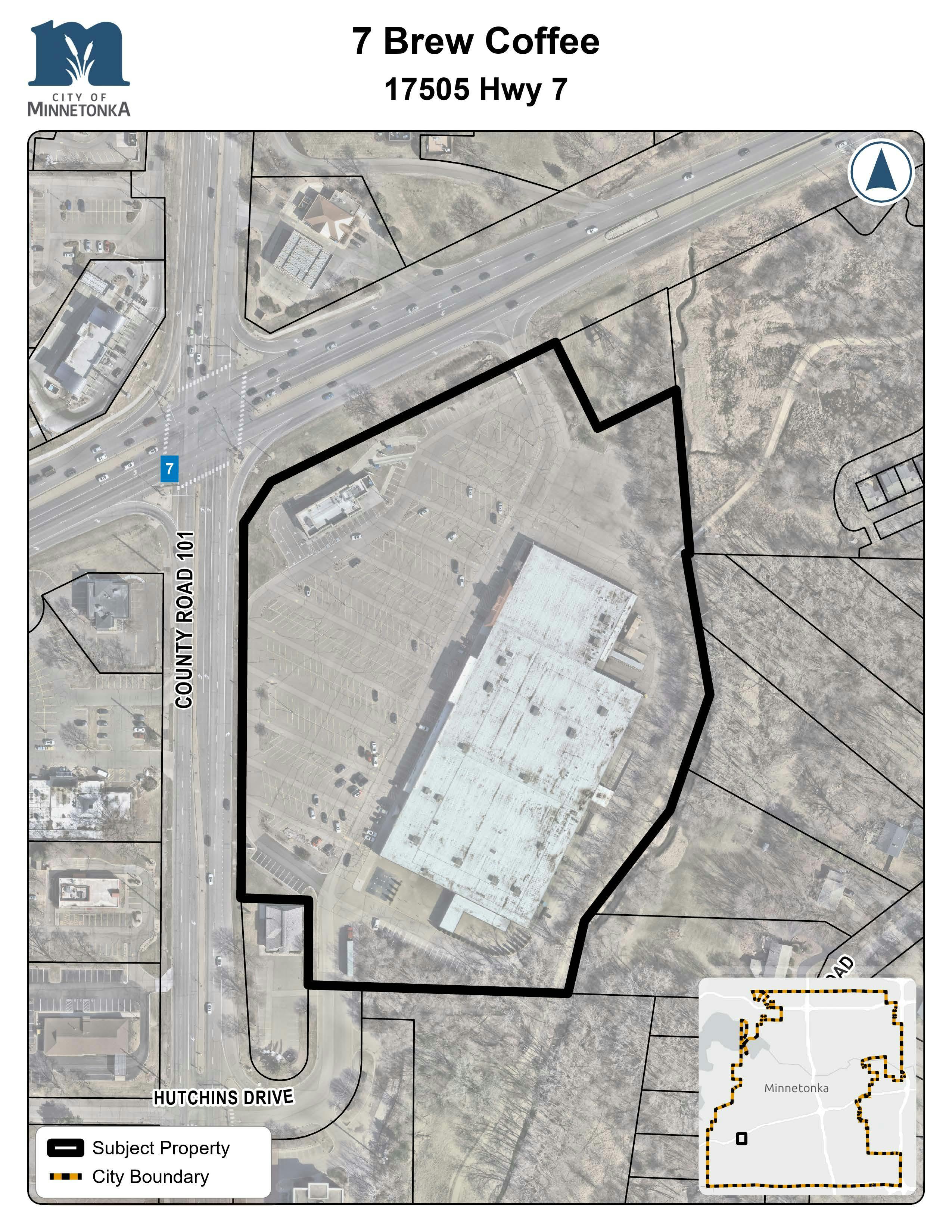 Map showing the subject property for a proposed 7 Brew Coffee at 17505 Hwy 7 in Minnetonka, outlined in black near the intersection of County Road 101 and Hutchins Drive