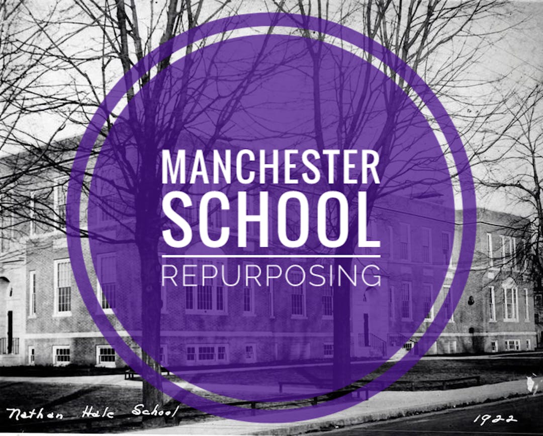 The words Manchester School Repurposing in white in a purple circle. In the background is a black and white image of school