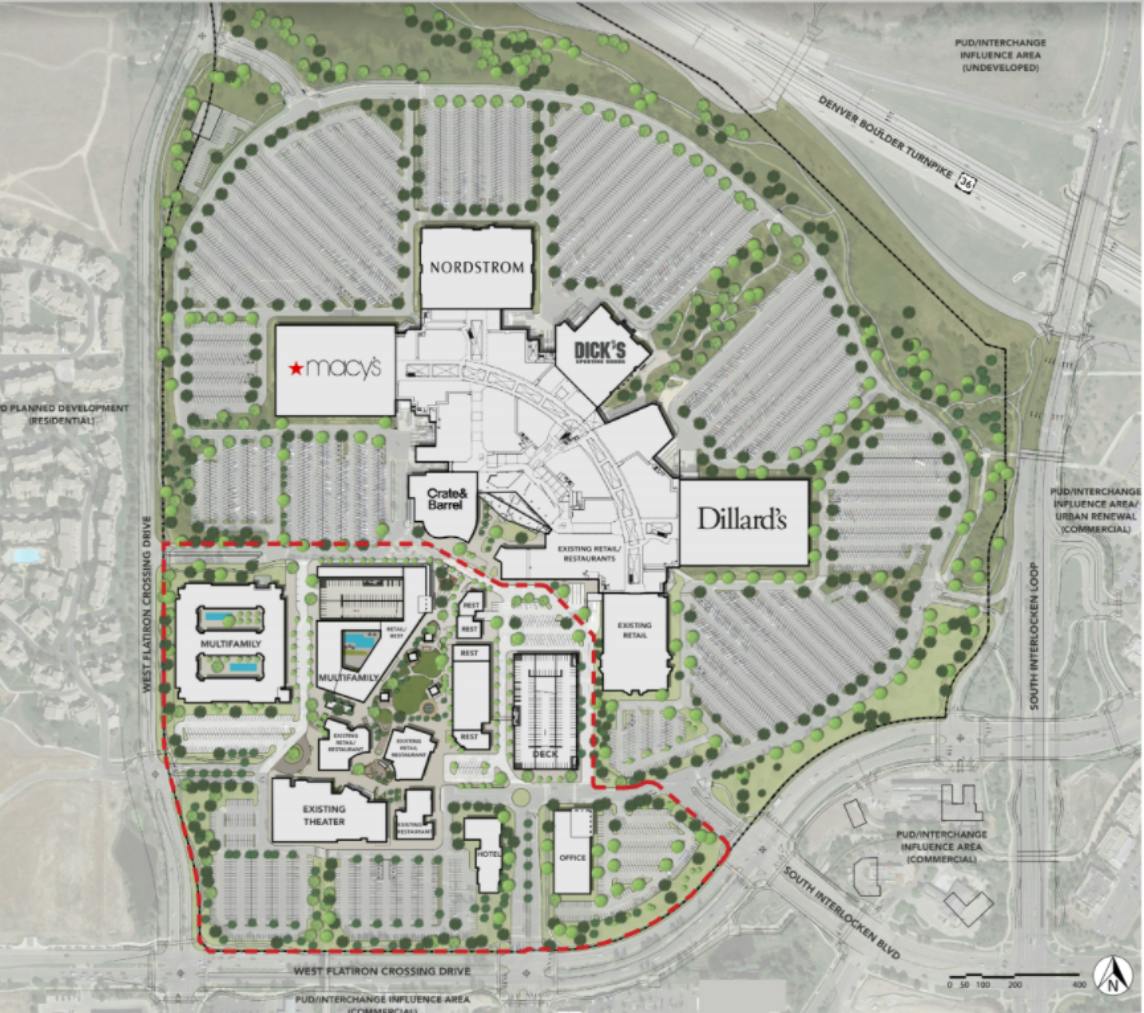 This concept drawing depicts an aerial view of the Flatiron Crossing Mall. The proposed redevelopment area is outlined in red in the southwest section of the mall.
