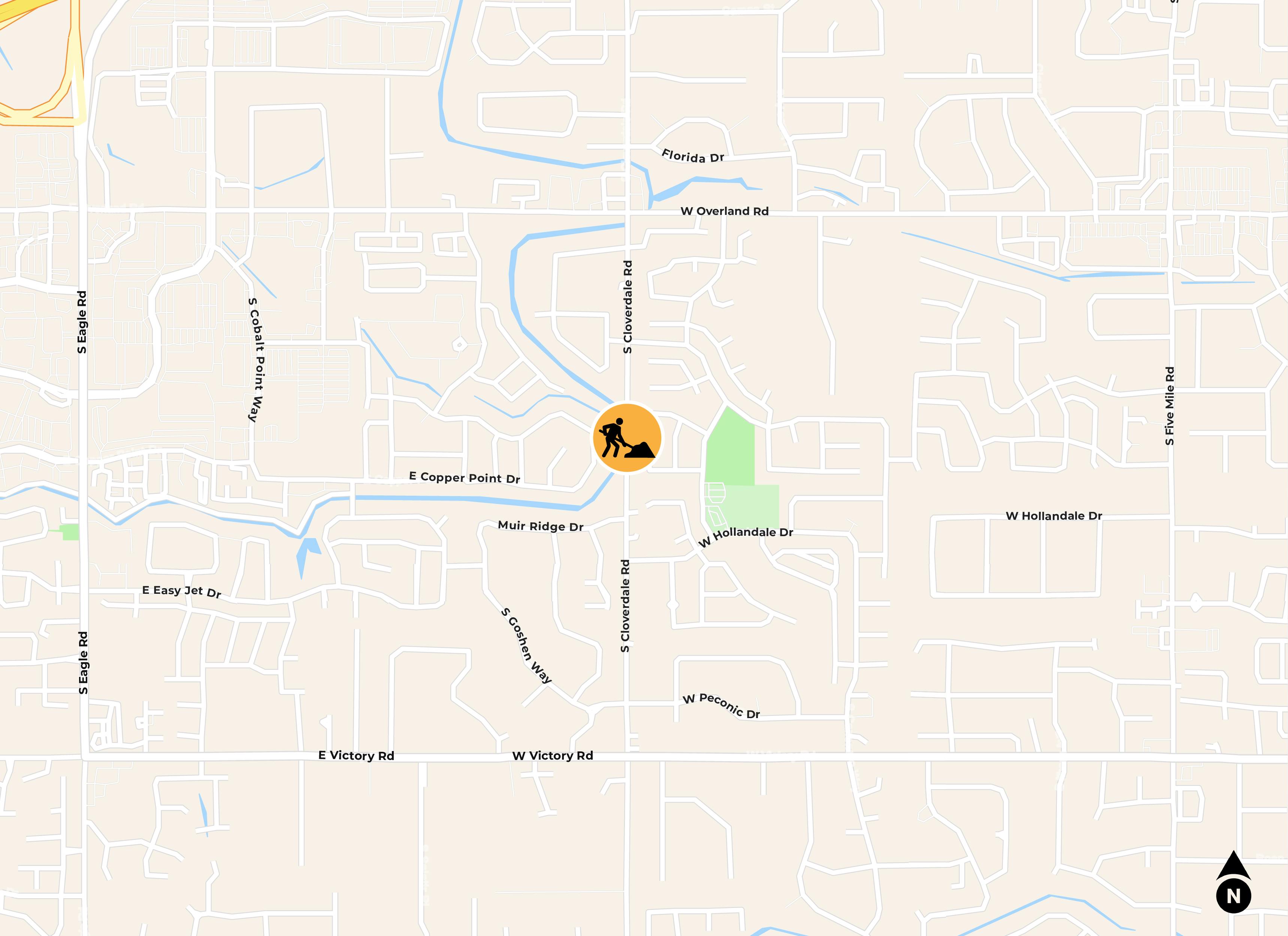 Map showing Cloverdale Road between Overland Road and Victory Road with a construction icon.