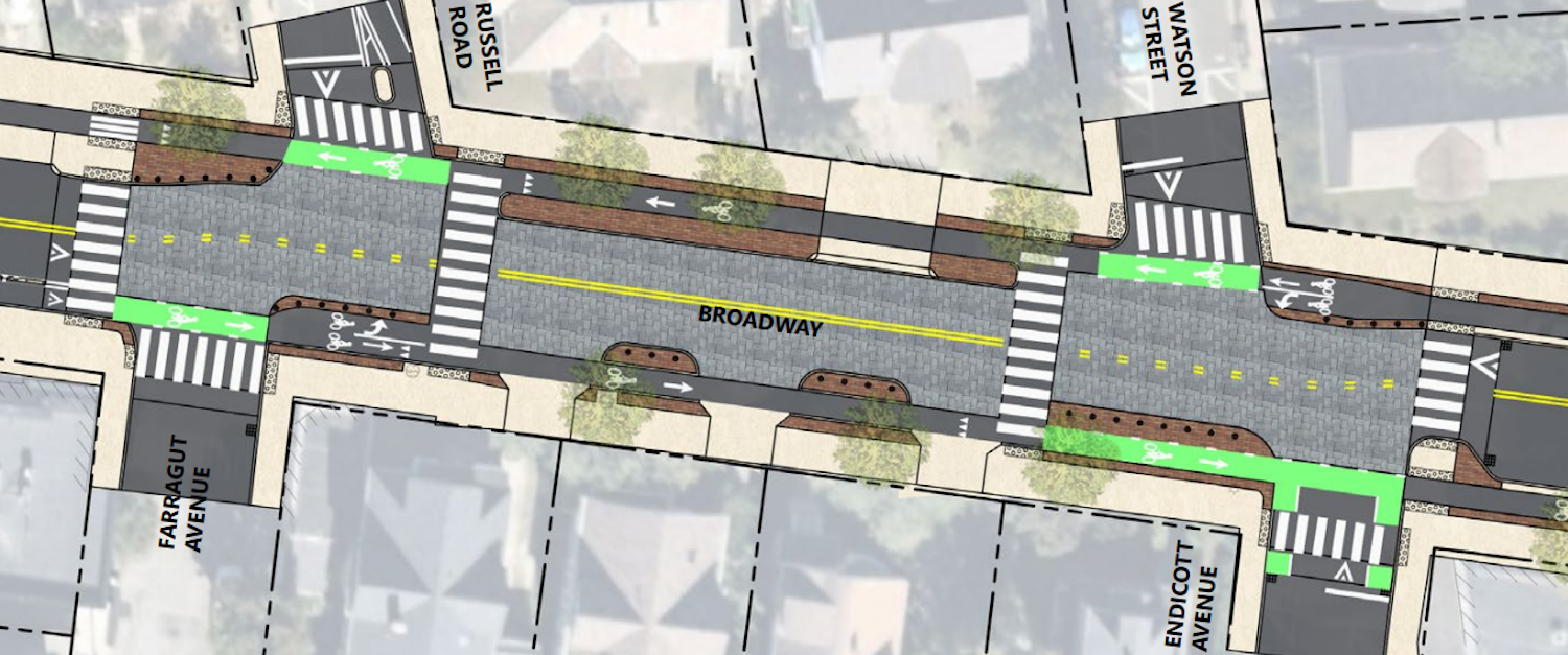  Option 3 includes a new raised block on Broadway between Endicott Avenue/Watson Street and Russell Road/Farragut Avenue, with designated waiting spaces for bicycles turning left from Broadway onto Russell Road and Endicott Avenue.