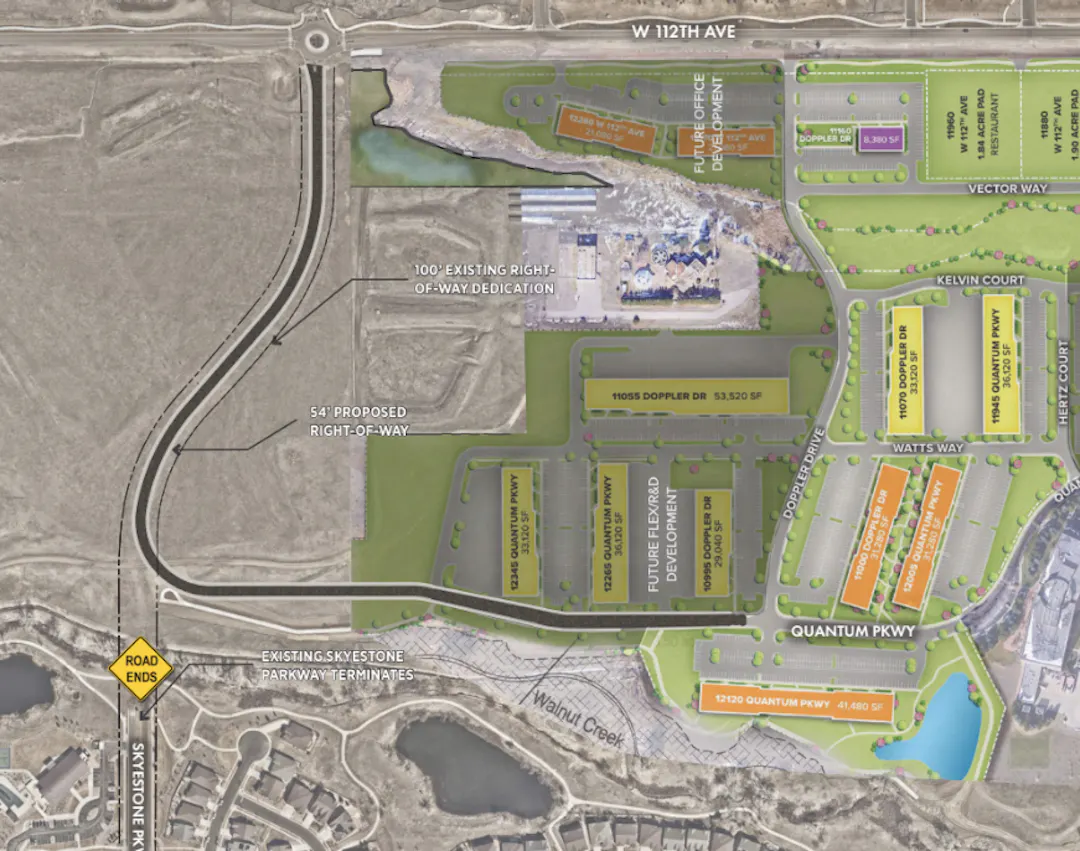 Site plan showing proposed alignment of Skyestone Pkwy running south of W 112th Ave, then east to connect with Quantum Pkwy