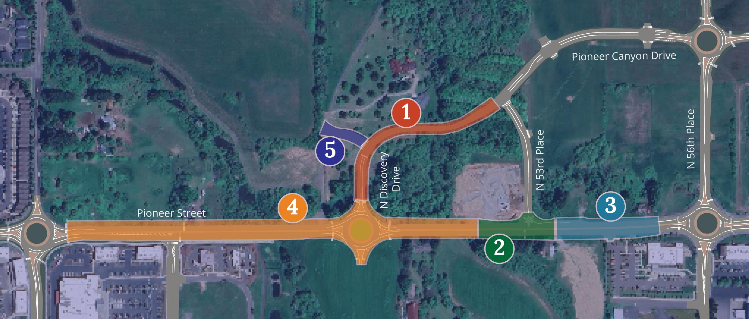 Project map with colored overlays marking phases 1 through 5.