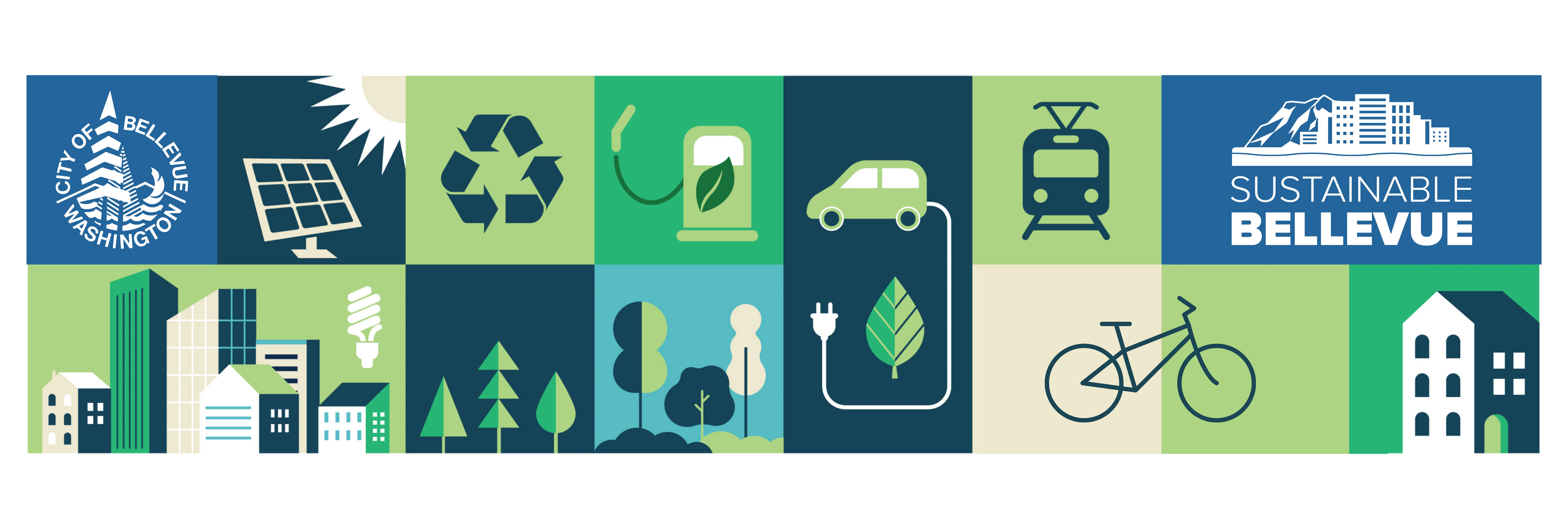 Stylized graphic illustration of symbolic sustainable icons in a grid pattern, including wind turbines and a solar panels.