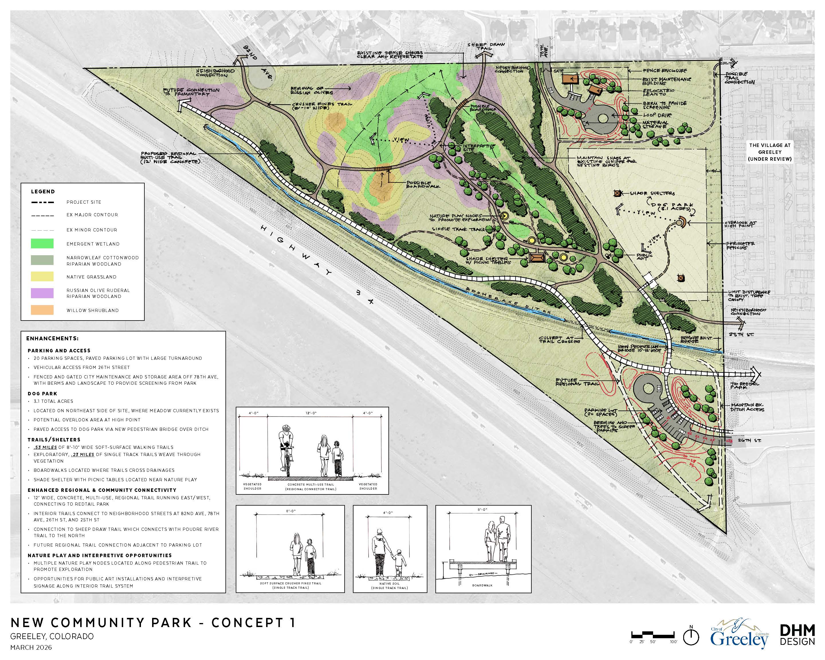 Concept 1 site plan for Greeley’s new community park showing trails, nature play areas, a dog park in the northeast area, parking access from 26th Street, and connections to nearby regional trails.