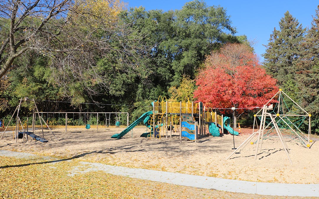 Playground equipment with fall trees and leaves