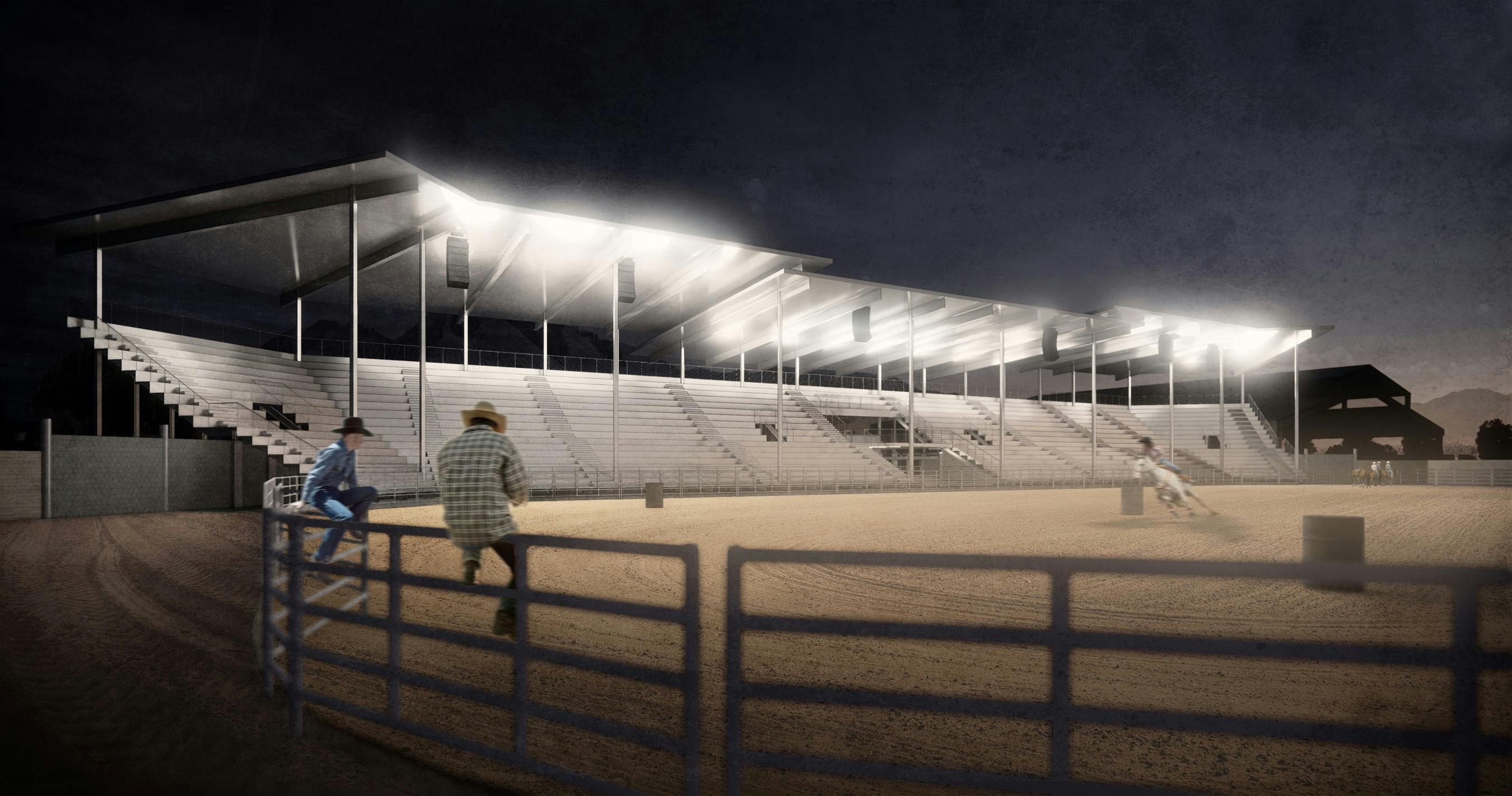 A rendering of the rodeo arena lit up at night with cowboys watching from the fence.