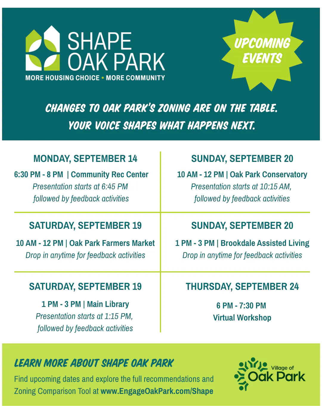 Graphic depicting schedule of upcoming events to discuss Shape Oak Park