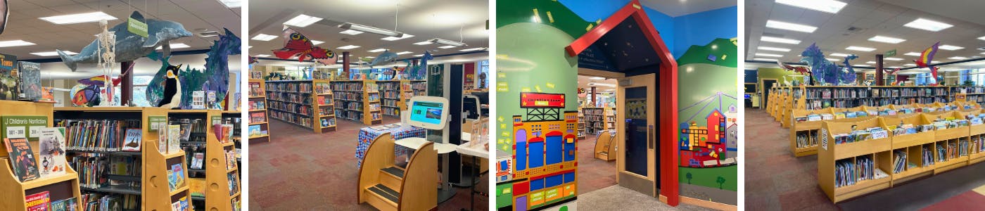 Four different pictures of a library room with rows of books on shelves and colorful animals hanging from ceiling