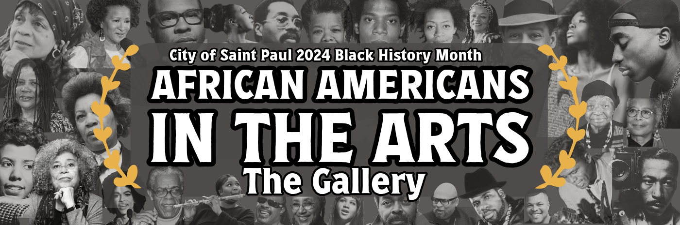 African Americans in the Arts: The Gallery text reads on top of a collage of African American artists' portraits