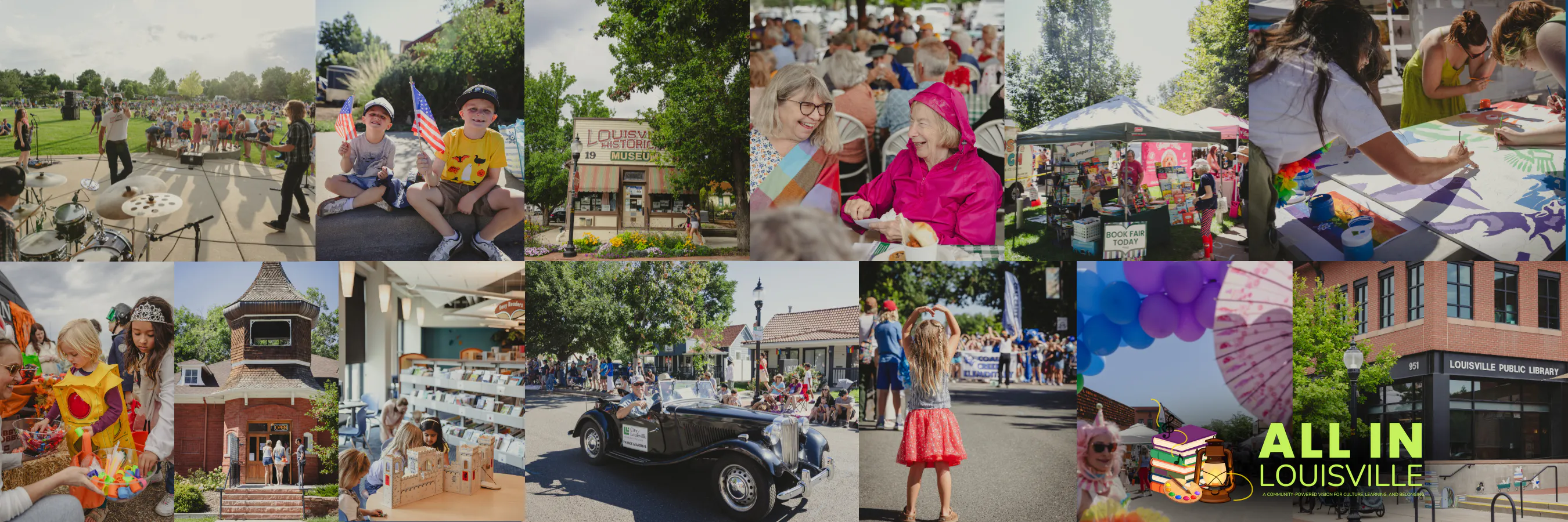 Pictures of community events throughout Louisville including the Public Library, Historical Museum, and Arts Center
