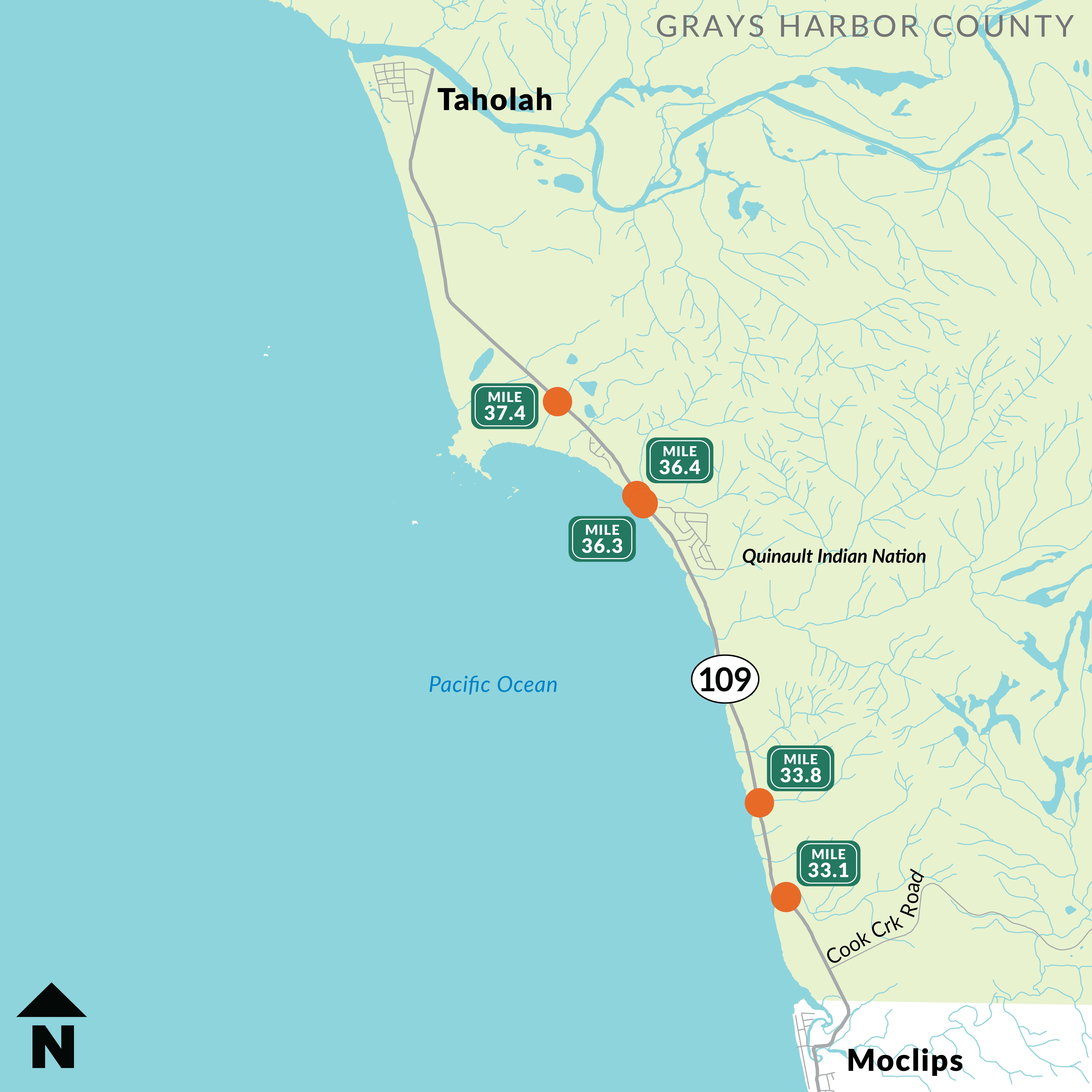 Map showing locations of five fish passage work zones along SR 109 between Taholah and Moclips.