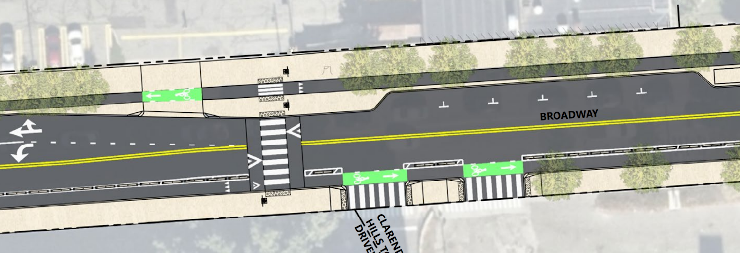 Option 2 includes a shorter crossing (the width of two vehicle lanes) and a large sidewalk extension on the north side (near Stop & Shop) to provide waiting space for people crossing.