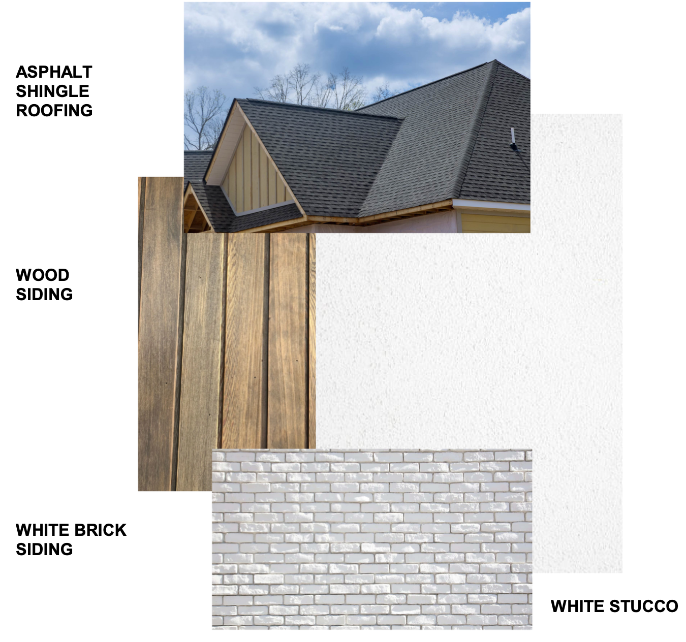 Asphalt Shingle/Wood Siding/White Brick/White Stucco