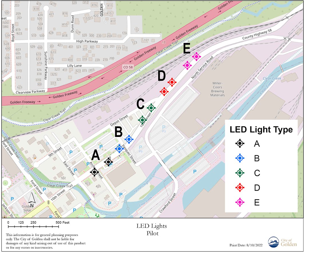 Five different LED bulbs located along 10th Street; two examples of each marked A, B, C, D or E.