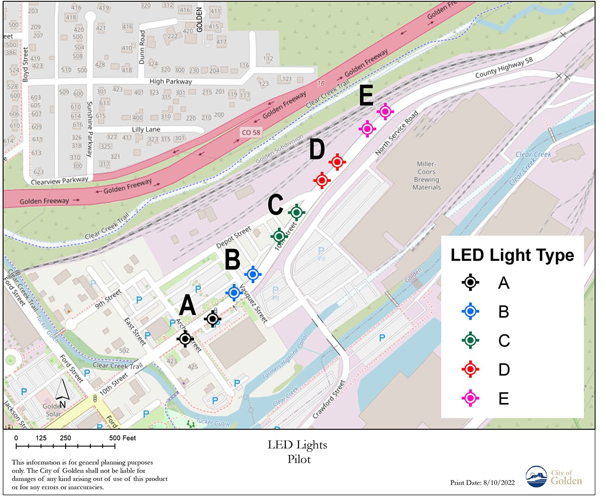 Examples of pilot project LED lights are located along 10th St. just east of Clear Creek.