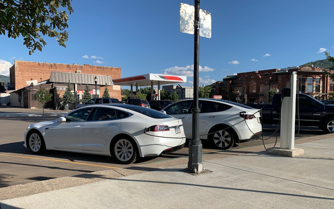 A Tesla take advance of one of Steamboat Springs' charging stations. 