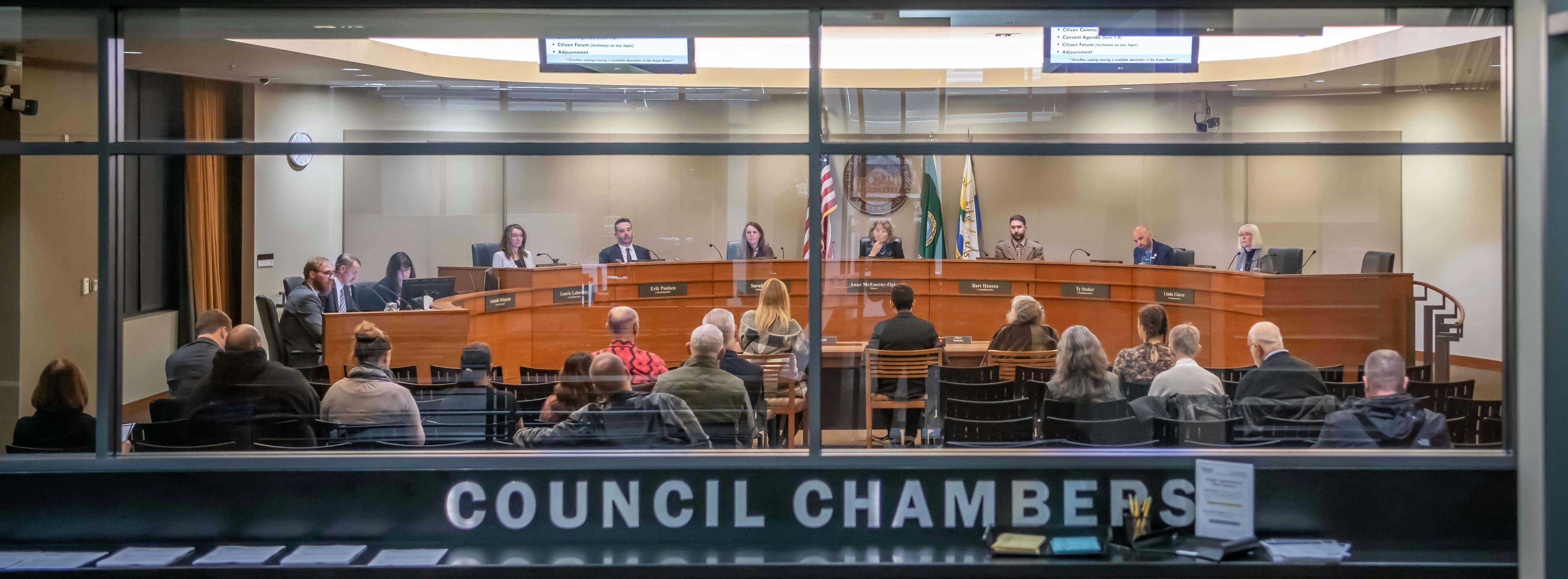 Vancouver City Council Chambers during a city council meeting.