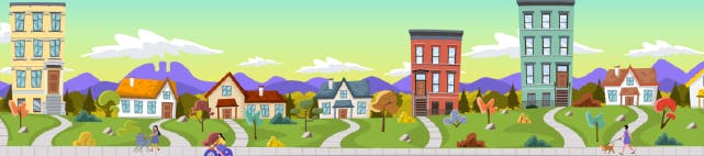 A cartoon image of a neighborhood street with homes and apartment buildings.