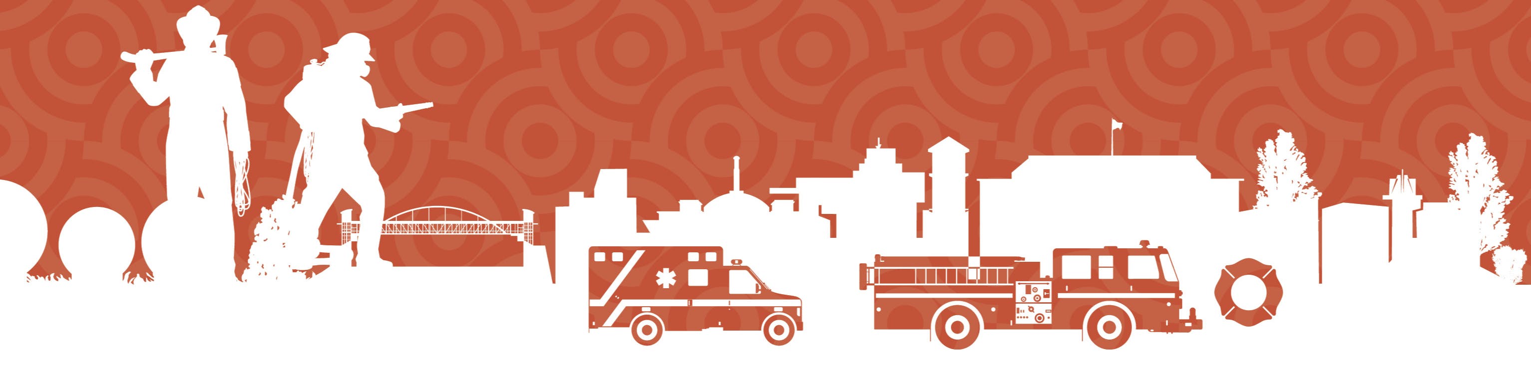 Illustration of city of Aurora landmarks along with firefighters and emergency response vehicles