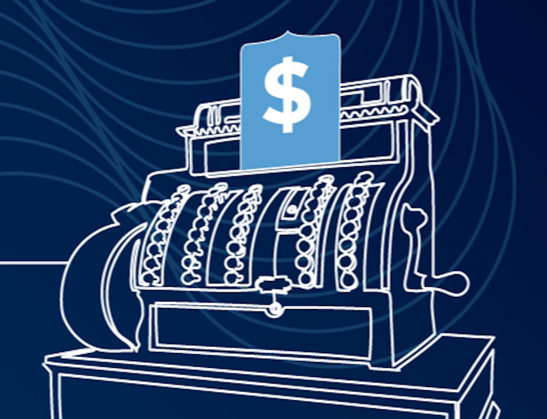 White line sketch of an old-fashioned cash register over a dark blue background