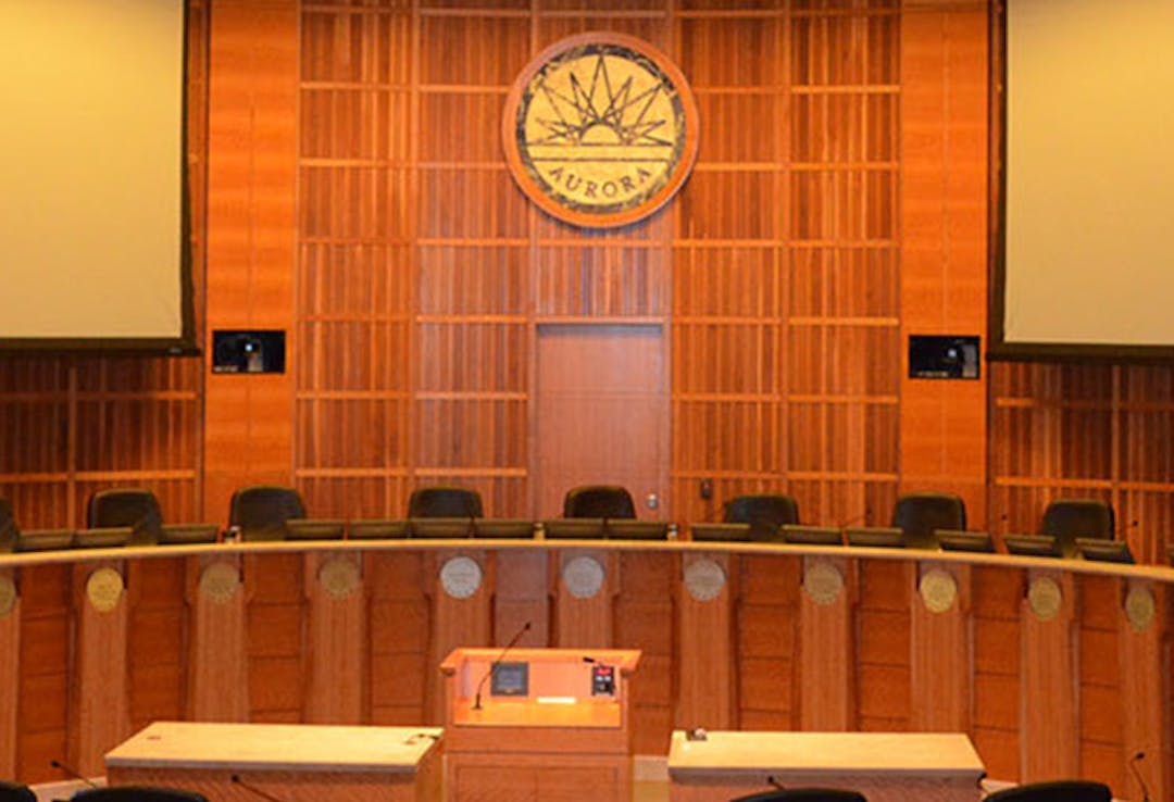 An image of the council dais at the Aurora Municipal Center