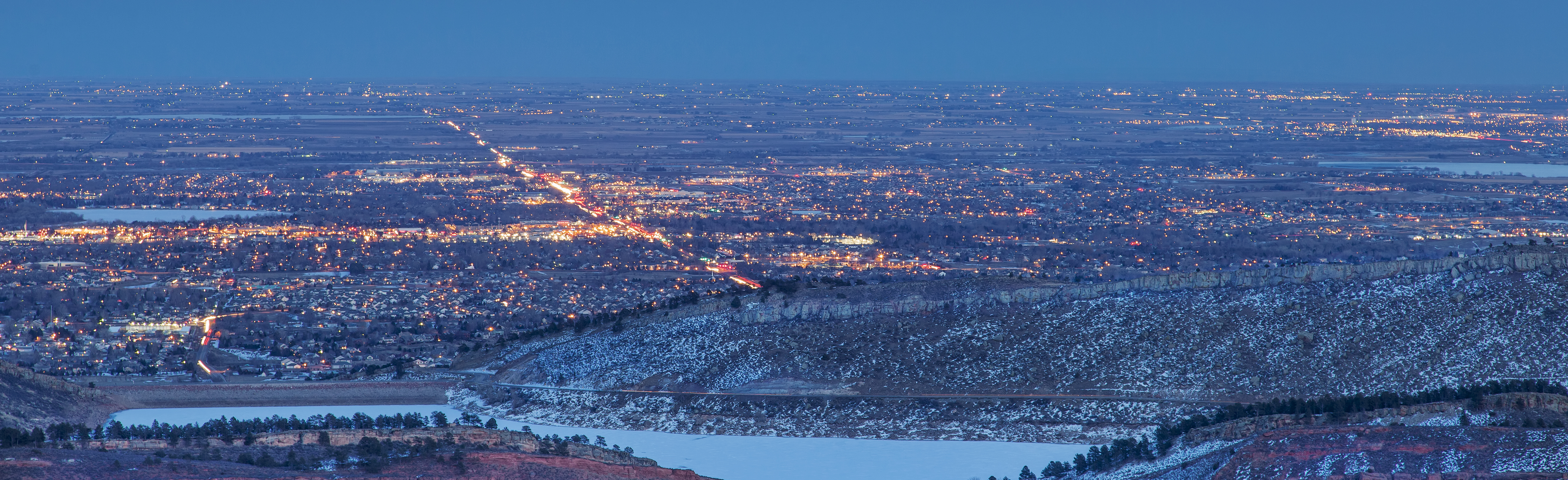 Aerial view of Fort Collins looking east over Horsetooth Reservoir and the city