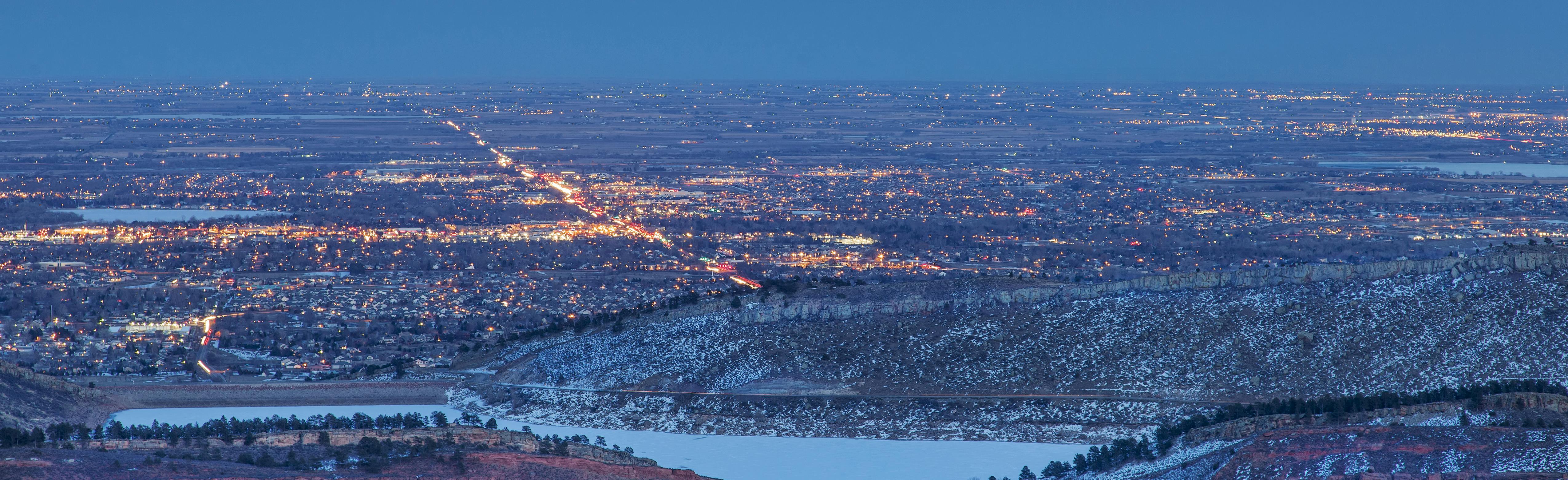 Aerial view of Fort Collins looking east over Horsetooth Reservoir and the city