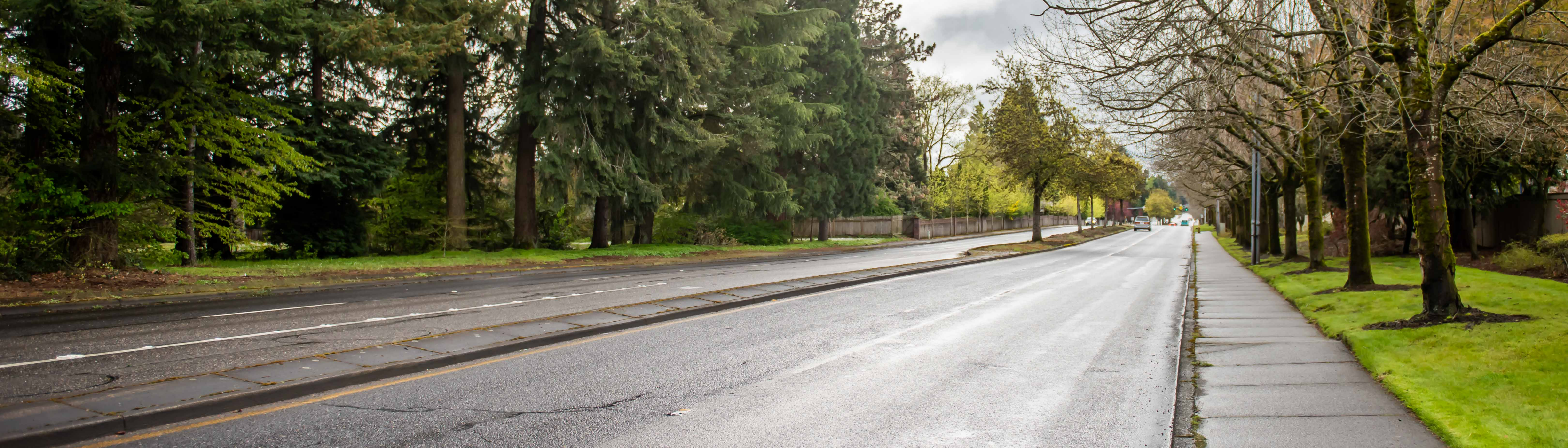 Woman with backpack faces a crosswalk from a sidewalk as a car drives through an intersection. 