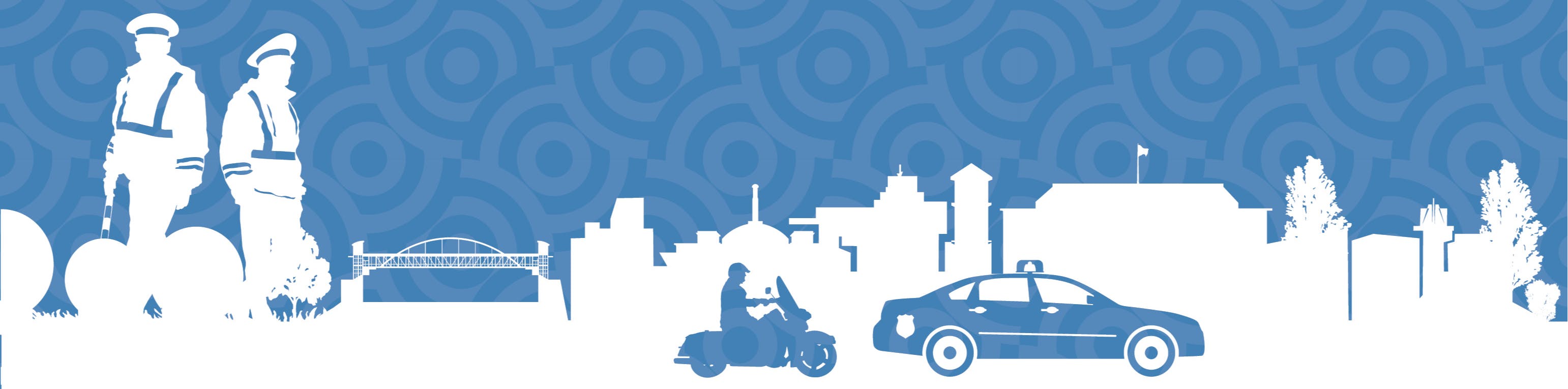 Silhouetted outline of city of Aurora landmarks, police officers and police vehicles