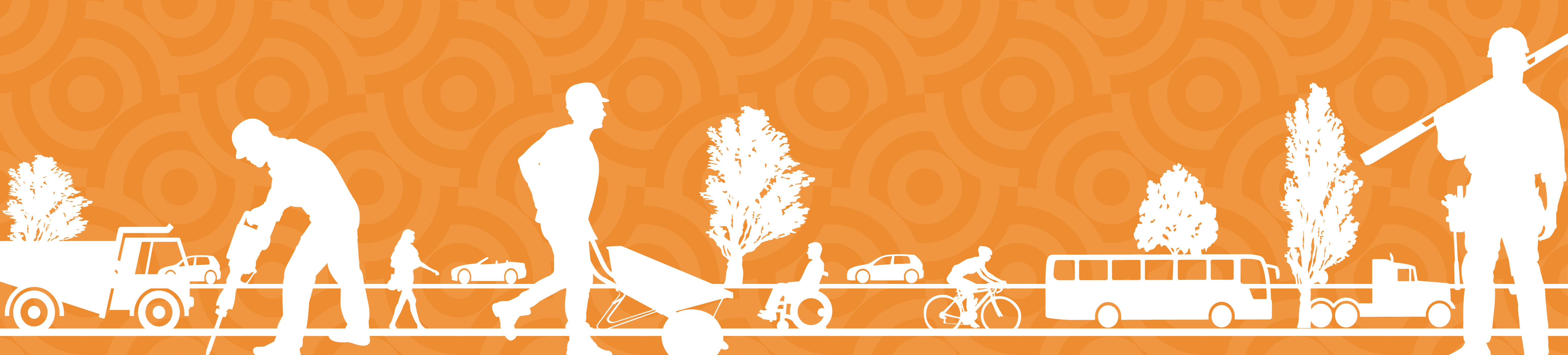 Silhouette image of street with workers fixing the street, vehicles, a pedestrian, a bicyclist and someone in a wheelchair