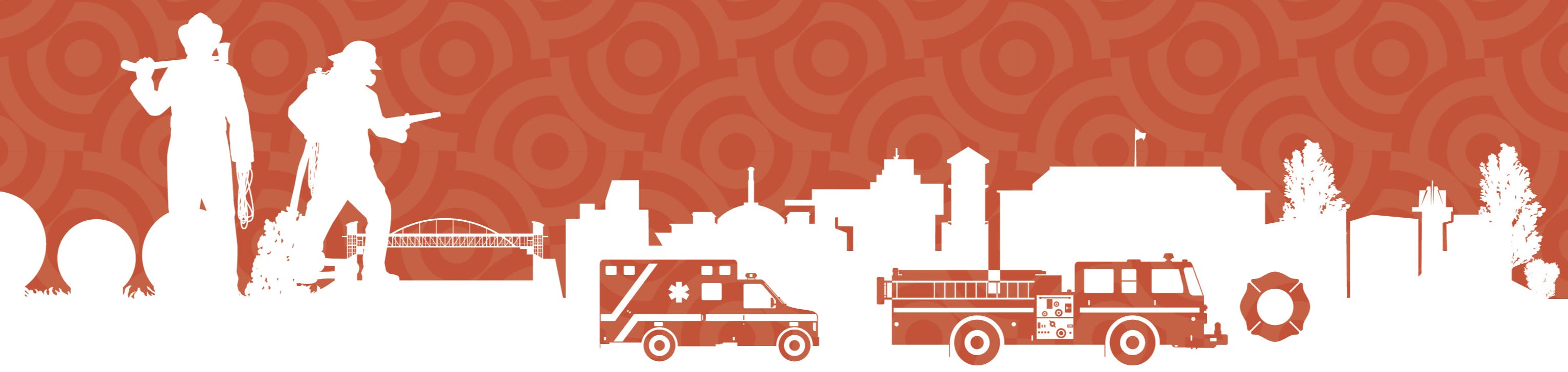 Graphic with outlines of Aurora landmarks along with firetruck, ambulance and firefighters