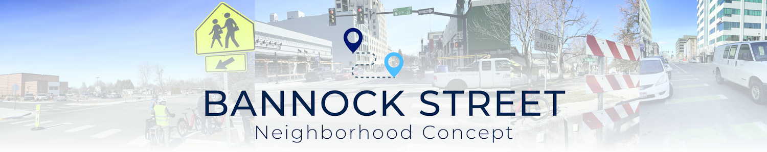 Webpage Banner that says "Bannock Street Neighborhood Concept" with the ACHD logo and decorative photos of the corridor.