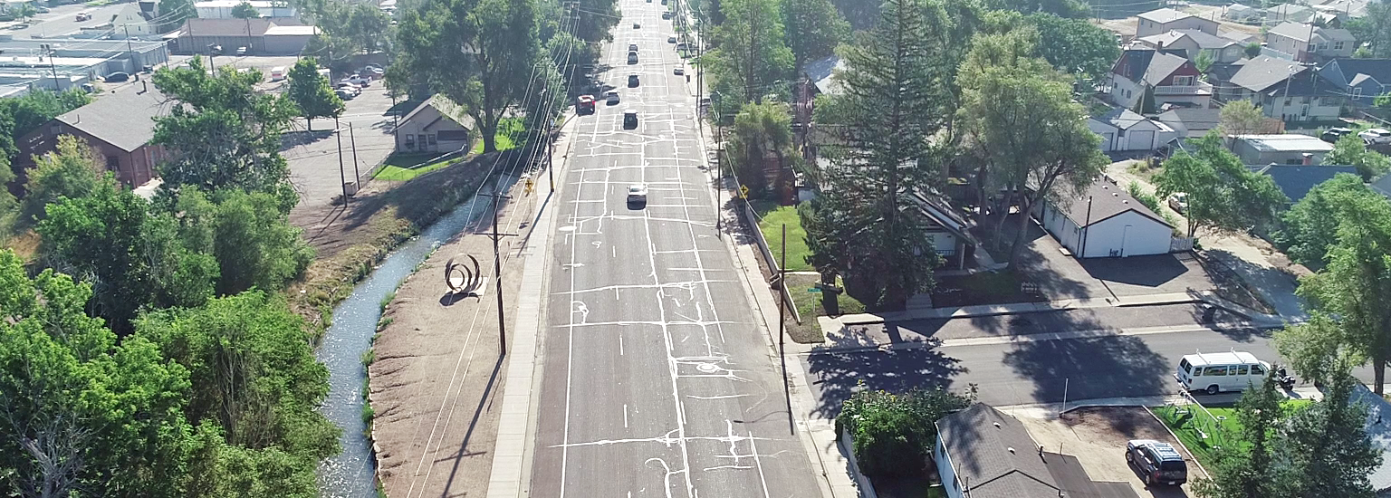 An aerial view of 10th street looking east above 21st Avenue.